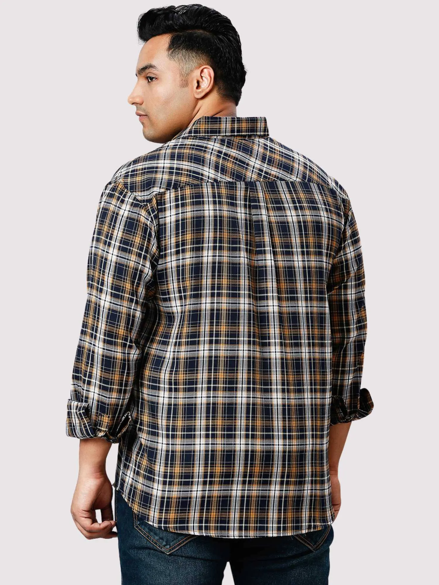 Brown and Grey Checkered Double Pocket Full Shirt Men's Plus Size