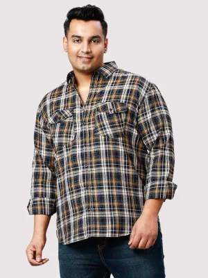 Brown and Grey Checkered Double Pocket Full Shirt Men's Plus Size