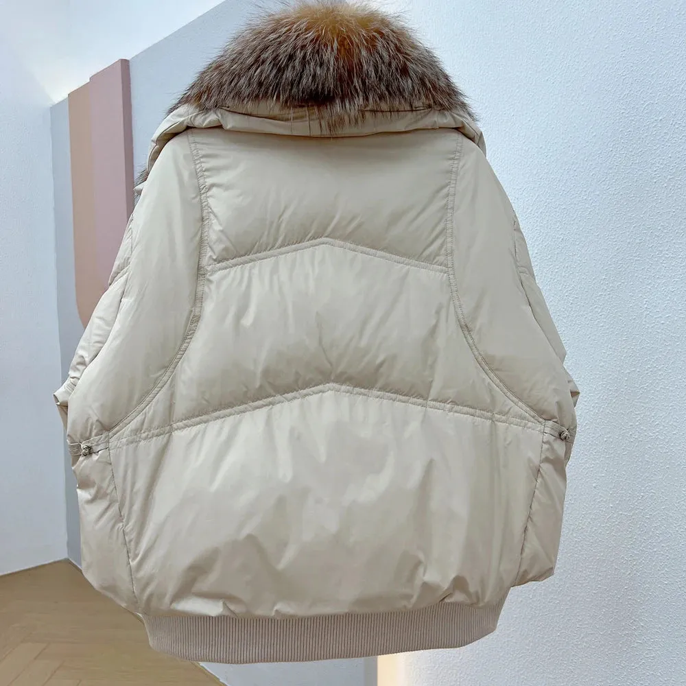 Janveny Natural Silver Fox Fur Collar Women's White Duck Down Jacket Luxury Brand Short Puffer Coat Thick Warm Female Parkas