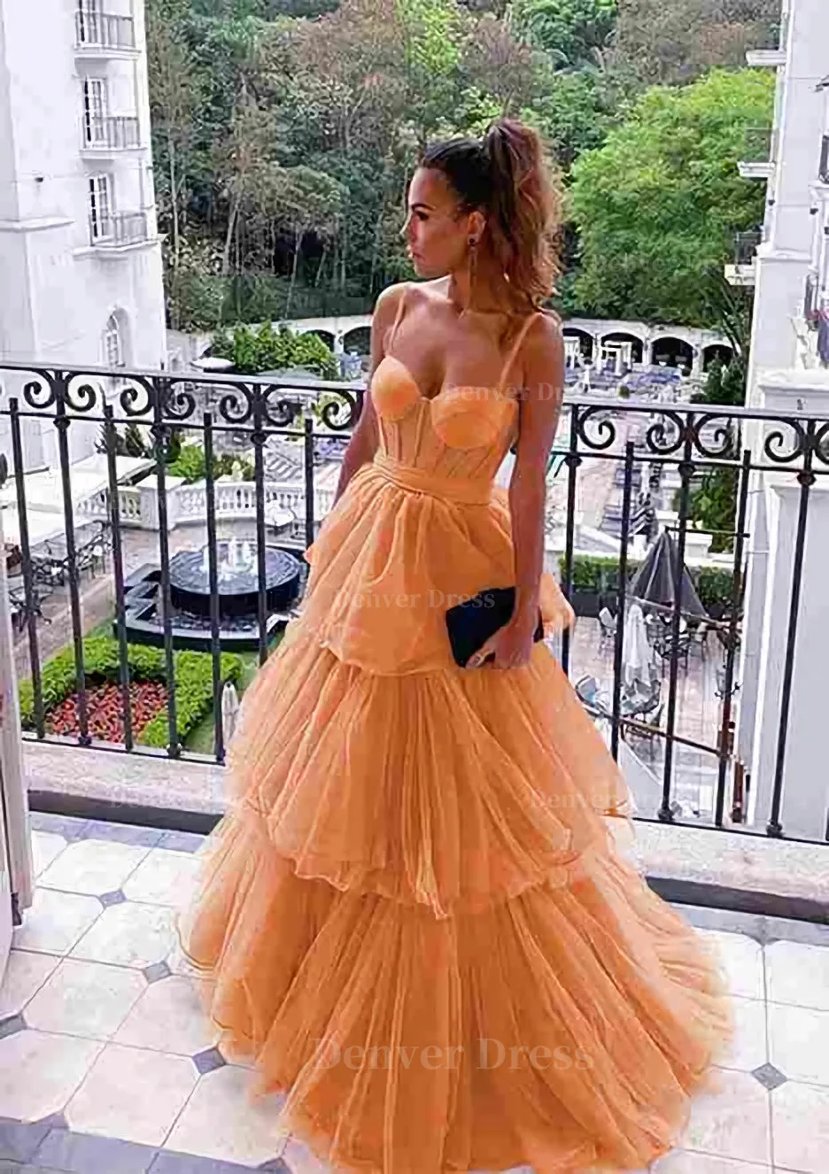 kamahe A-line Sweetheart Sleeveless Long/Floor-Length Tulle Prom Dresses With Ruffles