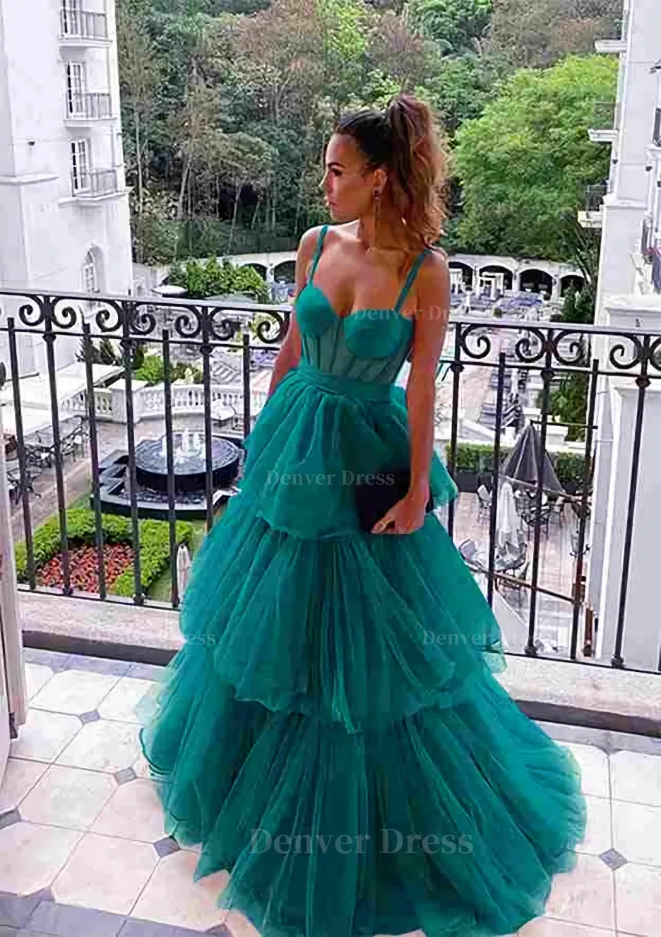 kamahe A-line Sweetheart Sleeveless Long/Floor-Length Tulle Prom Dresses With Ruffles