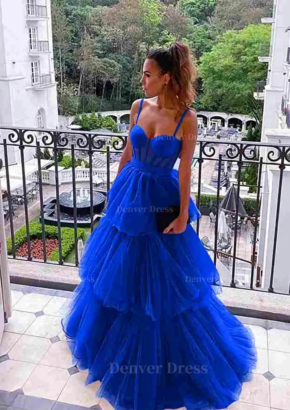 kamahe A-line Sweetheart Sleeveless Long/Floor-Length Tulle Prom Dresses With Ruffles