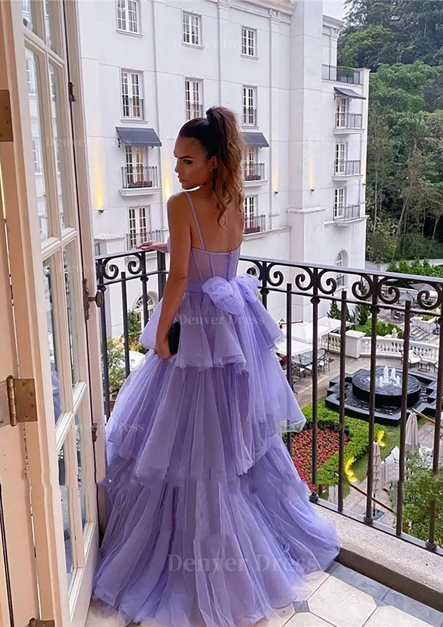 kamahe A-line Sweetheart Sleeveless Long/Floor-Length Tulle Prom Dresses With Ruffles