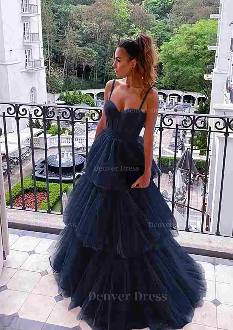 kamahe A-line Sweetheart Sleeveless Long/Floor-Length Tulle Prom Dresses With Ruffles