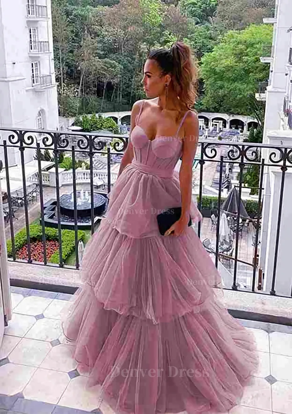 kamahe A-line Sweetheart Sleeveless Long/Floor-Length Tulle Prom Dresses With Ruffles