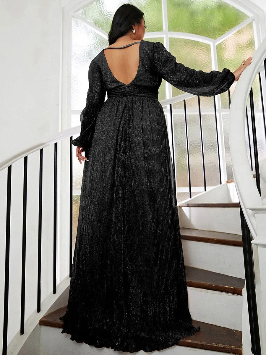 Long Sleeve Deep V Sequin Mesh Prom Dress XH2101