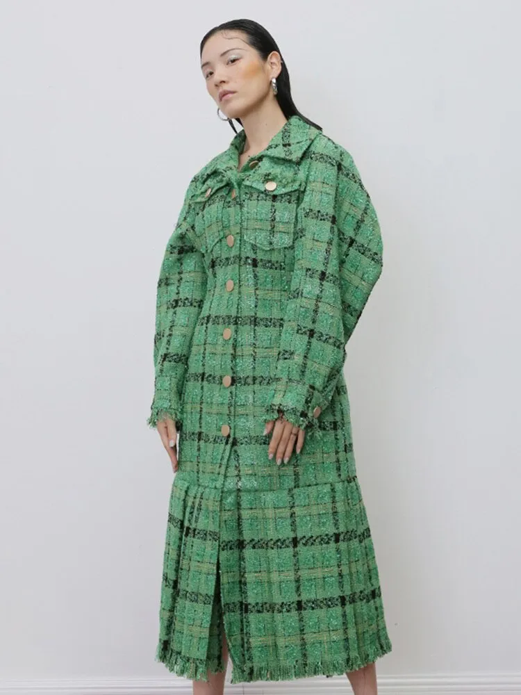 Loose Fit Green Plaid Pleated Elegant Woolen Coat Parkas New Long Sleeve Women Fashion Autumn Winter