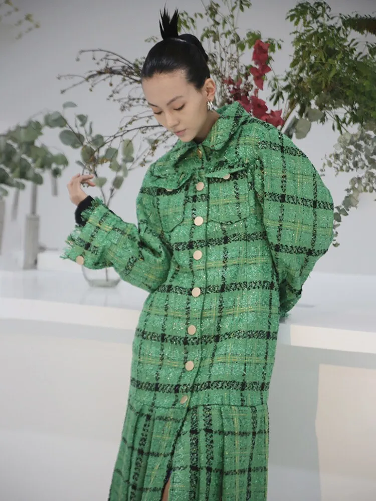 Loose Fit Green Plaid Pleated Elegant Woolen Coat Parkas New Long Sleeve Women Fashion Autumn Winter