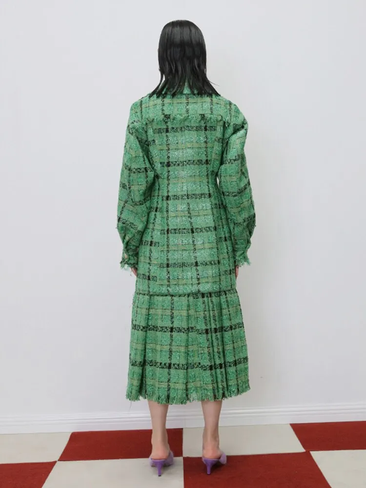 Loose Fit Green Plaid Pleated Elegant Woolen Coat Parkas New Long Sleeve Women Fashion Autumn Winter