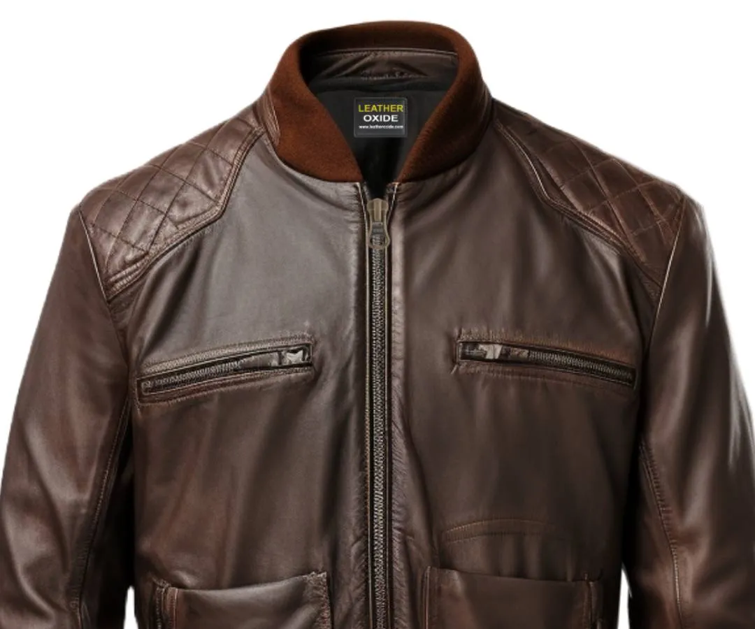 Men Brown Leather Jacket - Brown Bomber Jacket for Men