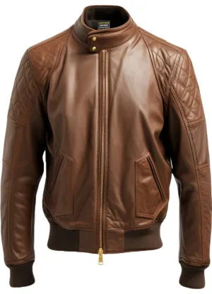 Men Quilted Bomber Leather Jacket with Golden Zipper