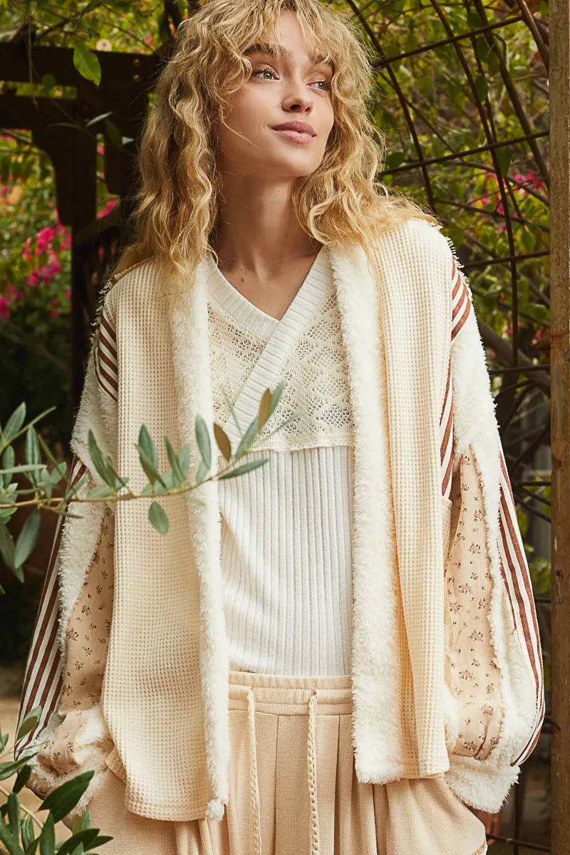 Open Front Waffle Knit Fleece Mix Cardigan