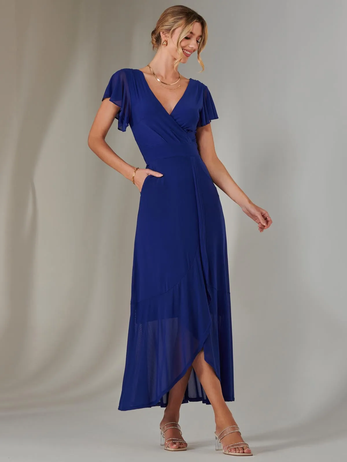 Plain Wrap Mesh Maxi Dress, Navy