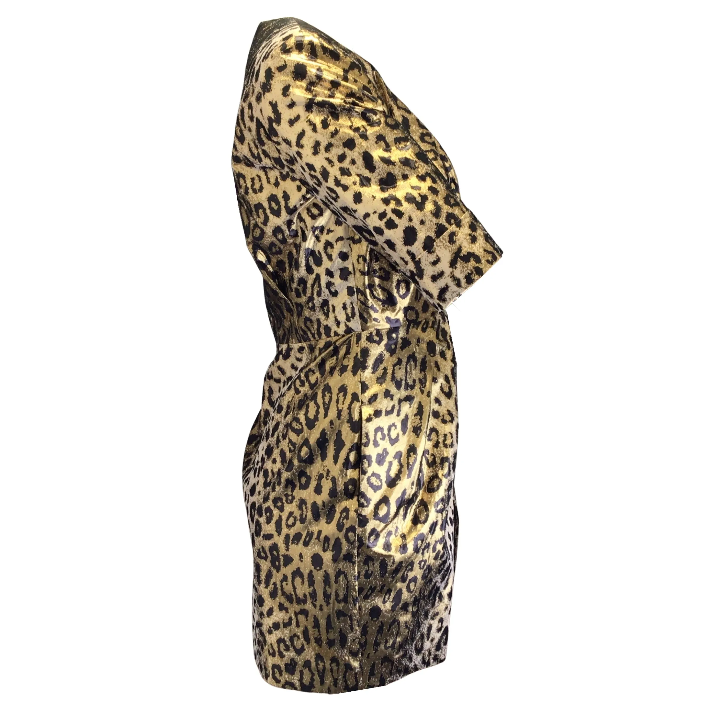 Sara Battaglia Gold Metallic / Black Leopard Printed Wrap Dress