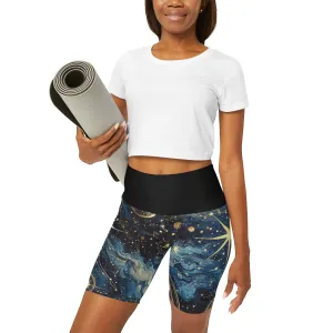 Spaced Out: High-Waisted Constellation Yoga Shorts (AOP)