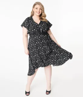 Unique Vintage Plus Size 1940s Black & White Floral Luella Wrap Dress